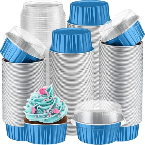 Miniatura 30 de Gejoy 400 Piezas Moldes de Papel de Aluminio para Hornear con Tapas 5 oz Moldes Desechables Ramekins Mini Moldes para Pasteles Crème Brûlée Moldes