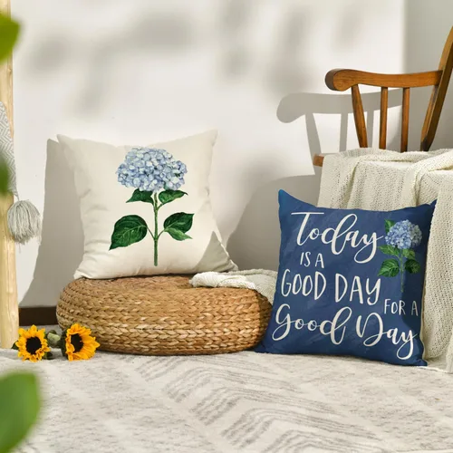 Miniatura 4 de AVOIN colorlife Juego de 4 fundas de almohada de hortensias azules para primavera y verano, 16 x 16 pulgadas, diseño de «Today is A Good Day»