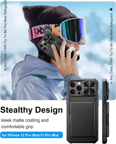 Miniatura 7 de BXYJY Funda tipo cartera para iPhone 12 Pro Max y 13 Pro Max, tarjetero (4-5 tarjetas), cubierta deslizante para cámara, protección militar contra