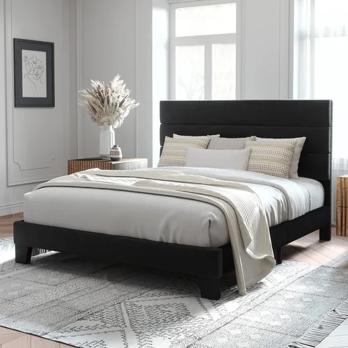Miniatura 12 de Allewie - Base de cama de plataforma matrimonial con cabecera tapizada de tela y soporte de listones de madera, base de colchón totalmente tapizada