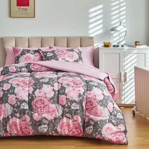Miniatura 2 de Juego de sábanas de edredón de flores, color gris, cama en una bolsa, juego de ropa de cama reversible de 7 piezas tamaño King de microfibra floral