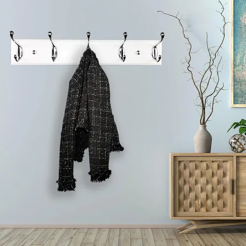 Miniatura 4 de Perchero de pared con 5 ganchos plateados de madera, 17.3’’, Ganchos resistentes para colgar ropa, sombrero, mochila, etc., Gran decoración moderna