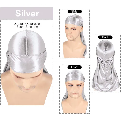 Miniatura 17 de Paquete de 3 piezas de durags sedosas para ondas de hombres, de regalo 1 gorra para marcar las ondas, talla única