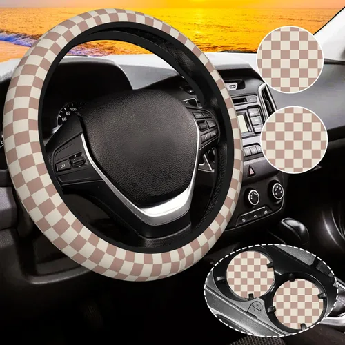 Miniatura 14 de Funda de volante a cuadros para mujeres, funda universal para volante de automóvil de 14-15 pulgadas, accesorios interiores para automóvil, con 2