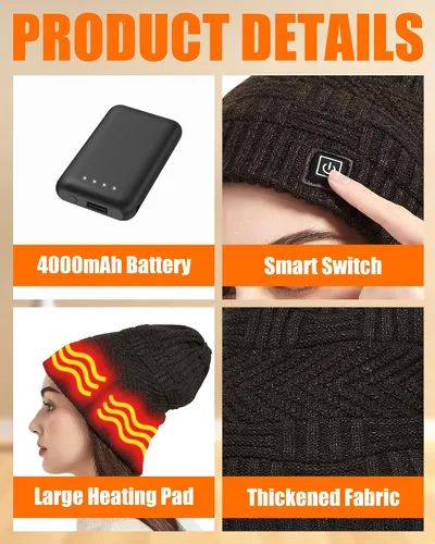 Miniatura 4 de Sombrero calefactable - Juego de bufanda y sombreros calefactores para hombres y mujeres, batería de 4000 mAh, 3 controles de temperatura