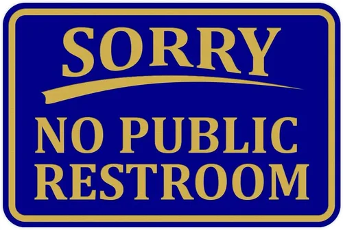 All Quality Letrero clásico enmarcado con texto en inglés «Sorry No Public Restroom» para puerta de baño, color azul y dorado (pequeño), 1
