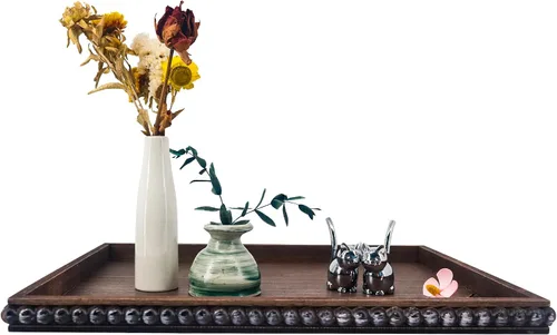 Miniatura 7 de FramePro Bandeja Decorativa Redonda de 12 pulgadas con Cuentas de Madera - Elevadores de Bandeja de Servir Negros para Sala de Estar, Mesa de Café