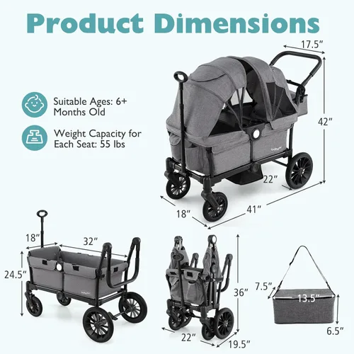 Miniatura 6 de BABY JOY Cochecito vagón para 2 niños, vagón doble plegable para empujar o jalar con mango ajustable, toldo extraíble, arnés de seguridad, Gris