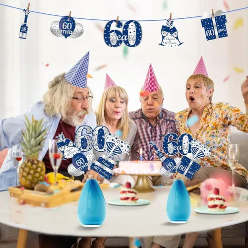 Miniatura 5 de 24 decoraciones de mesa de cumpleaños de color azul y plateado para hombres, incluye 24 cartones patrones, 24 varillas, 30 puntos adhesivos