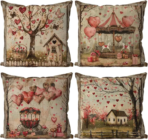 Juego de 4 fundas de almohada de San Valentín de 18 x 18 pulgadas, decoración vintage de San Valentín, fundas de almohada vintage para sofá, funda