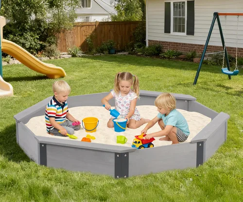 Miniatura 2 de Cajón de arena de 64"x56"x8.5" octogonal con cubierta para juegos al aire libre de niños, arenero grande de madera con 4 bancos, instalación rápida