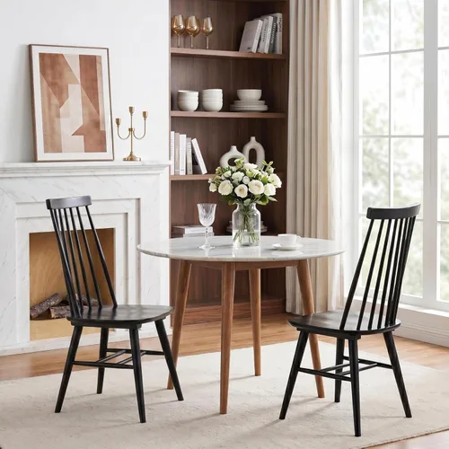 DUHOME Juego de 2 sillas de comedor de madera, sillas de comedor con respaldo de listón, sillas de cocina, sillas Windsor, color negro