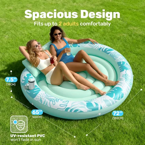 Miniatura 2 de SLOOSH Flotador inflable para piscina de bronceado, flotadores de piscina de 72 x 56 pulgadas para adultos con almohada, flotador redondo 4 en 1