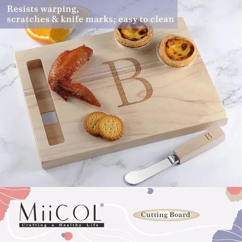 Miniatura 4 de Miicol Tabla de madera para charcutería, tabla de queso con monograma de 10 pulgadas, tabla de cortar inicial personalizada con esparcidor, regalo