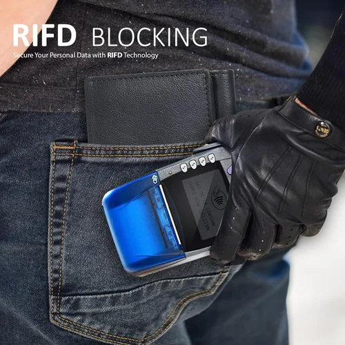 Miniatura 39 de Cartera de cuero RFID hecha a mano para hombres, elegante cartera de bolsillo frontal triple con 2 ranuras para identificación y 9 tarjetas, Negro