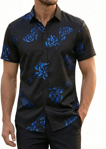 Miniatura 11 de ZEROYAA - Camisas de vestir de manga corta con estampado de rosa dorada para hombre, estilo hipster, calce ajustado, con botones
