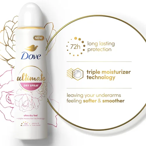 Miniatura 6 de Dove Ultimate Dry Spray antitranspirante de peonía y agua de rosas, 2 unidades para 72 horas de protección contra el sudor y el olor con tecnología