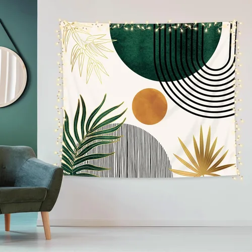 Miniatura 7 de KOMLLEX Mid Century Abstract Tapestry 59Wx51H Boho Neutral Arch Sun Leaves Minimalist Modern Geometric Simple Black Gold Aesthetic Wall Hanging