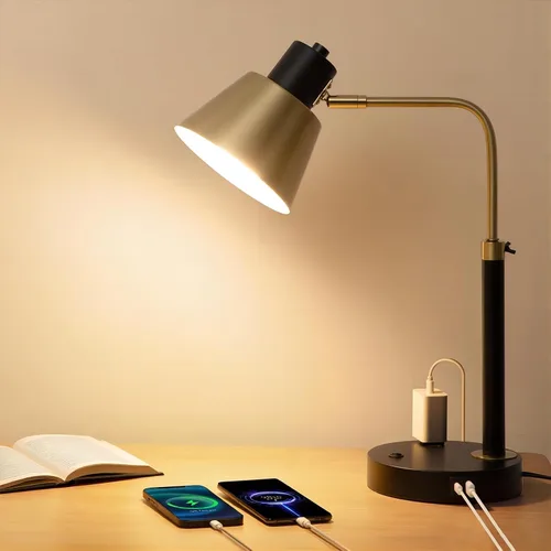 Lámpara de escritorio con USB-C, USB-A y toma de CA, lámpara de escritorio de metal ajustable con cabezal giratorio de 340°, lámpara de mesa