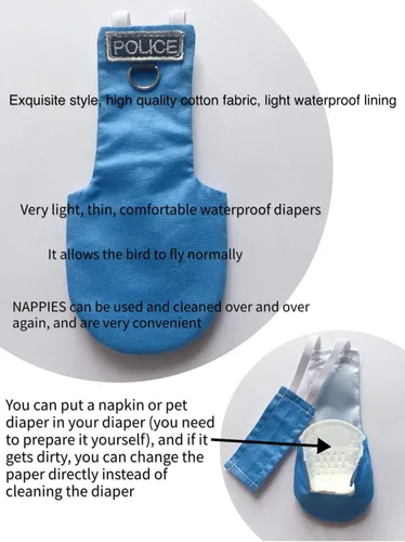 Miniatura 5 de Trajes y pañales de vuelo de aves Poli(L) - Reutilizables, impermeables, suministros para pájaros para mascotas
