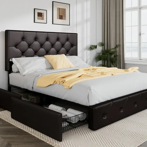 Miniatura 21 de Allewie - Base de cama tapizada de tamaño Full con plataforma, con 4 cajones de almacenamiento y cabecero, diseño cosido en cuadrados con botones