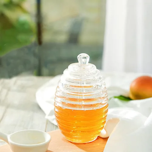 Miniatura 5 de Tarro de miel, 9.0 fl oz, botella de miel transparente sellada, tarro de mermelada en forma de colmena, patrón de panal con barra de goteo