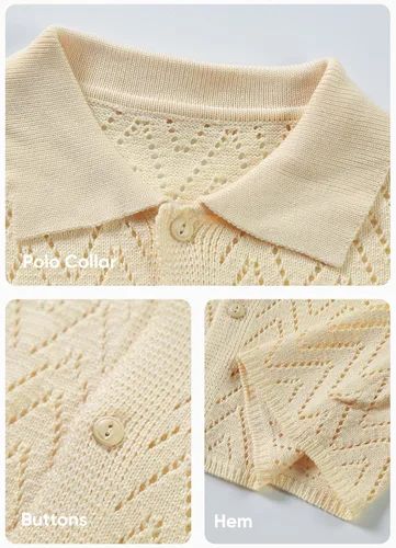 Miniatura 4 de JMIERR Suéter casual de punto de ganchillo para hombre, polo de manga corta, con botones, camisas de playa