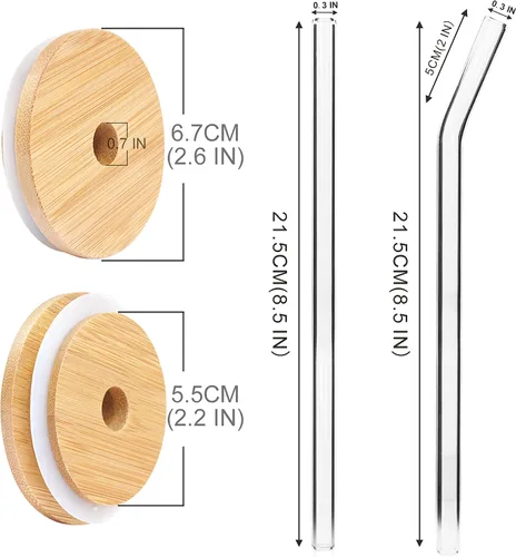 Miniatura 2 de ANOTION Tapas de bambú para vidrio en forma de lata, tapas para tarros Mason con agujero para pajilla, 4 tapas de bambú reutilizables para beber