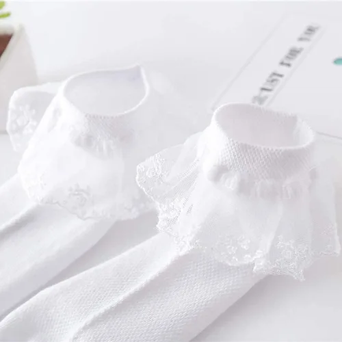 Miniatura 11 de Looching 4 pares de calcetines de encaje de princesa de algodón con volantes sólidos para niñas pequeñas