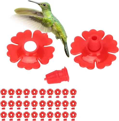 Miniatura 4 de TOPINCN Comedero para colibríes, 30 juegos de flores de plástico para colgar puertos de alimentación de pájaros, piezas de repuesto, suministros