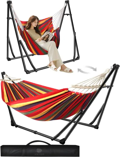 Miniatura 8 de Anyoo Hamaca y silla oscilante 2 en 1 con soporte de acero plegable y funda de transporte, portátil y ajustable, fácil de instalar para exteriores