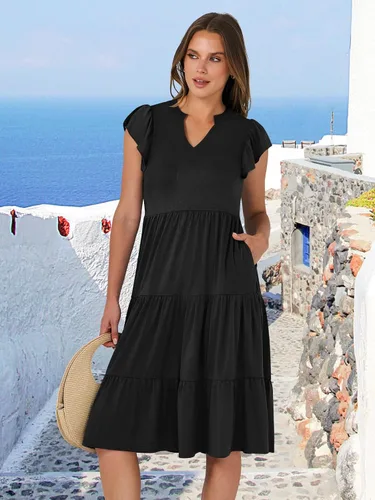 Miniatura 4 de ANRABESS Vestido de verano para mujer, manga con volantes, cuello en V, vestido midi a la moda, casual, holgado, escalonado, bohemio, playa