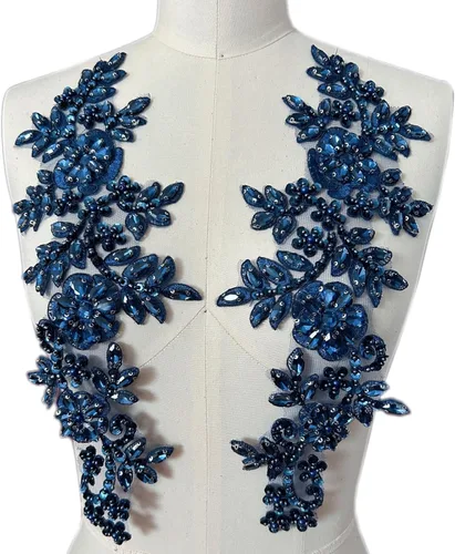 Miniatura 14 de 1 par de parches de encaje con cristales brillantes, cuentas de vidrio y piedras, para coser a mano, accesorios para decoración de vestidos de novia