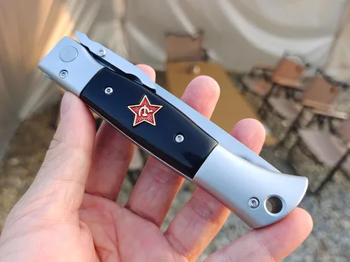 Miniatura 2 de Russian Finka-NKVD KGB - Cuchillo de bolsillo plegable, hoja de acero pulido de espejo de 3.74 pulgadas, mango de resina con incrustaciones