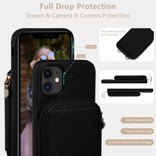 Miniatura 5 de Funda para iPhone 11 de 6.1 pulgadas, cartera cruzada con cremallera y ranuras para tarjetas de bloqueo RFID, soporte de soporte, cordón desmontable