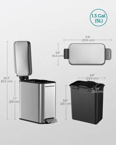 Miniatura 6 de SONGMICS Basurero de baño, 1.3 galones (5 L) bote de basura pequeño con tapa, delgado para espacios pequeños, cubo de basura de acero inoxidable