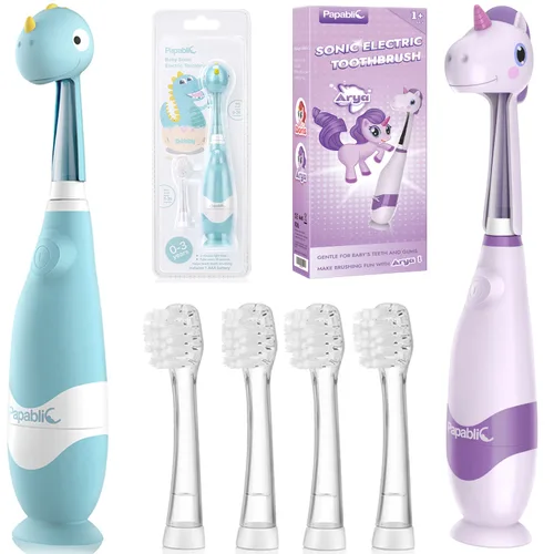 Papablic Cepillo de dientes eléctrico sónico para niños pequeños con fundas para bebés y niños pequeños de 1 a 3 años, paquete Debby con Arya