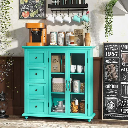 Miniatura 2 de COSTWAY Aparador de buffet, armario de almacenamiento de cocina con 4 cajones, 2 puertas de vidrio templado, mesa de buffet, armario decorativo