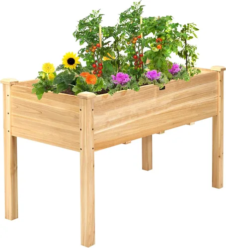 Miniatura 11 de Giantex Cama de jardín elevada, maceta elevada de madera con forro protector y orificio de drenaje, maceta elevada para plantar verduras, flores