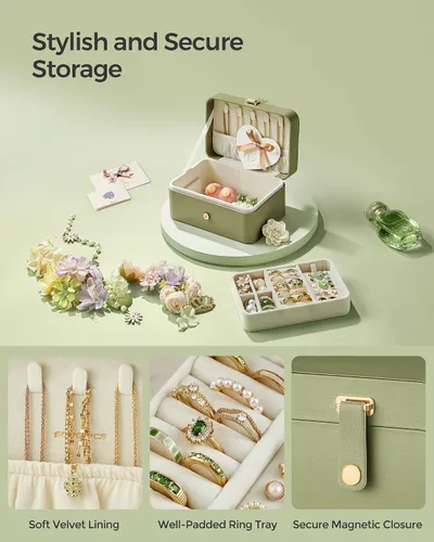 Miniatura 28 de SONGMICS Caja organizadora de joyas, estuche de viaje de 2 capas para aretes, collares, pulseras, almacenamiento portátil de joyas con gran Verde