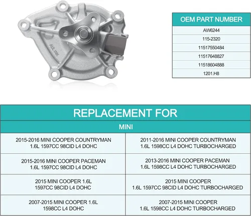 Miniatura 5 de AULINK Bomba de agua AW6244 con junta para (solo motor L4 de 1.6L) Mini Cooper 2007-2015/Cooper Countryman 2011-2016/Cooper Paceman 2013-2016