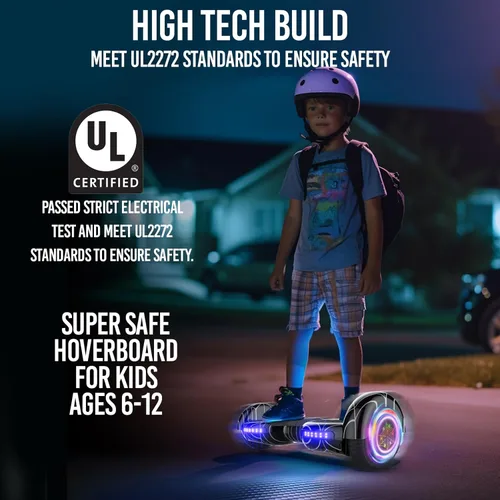 Miniatura 8 de Hoverboard con patrón de araña para niños de 6 a 12 años, con altavoz Bluetooth y luces LED, tabla deslizante de 6.5 pulgadas, certificado de Negro