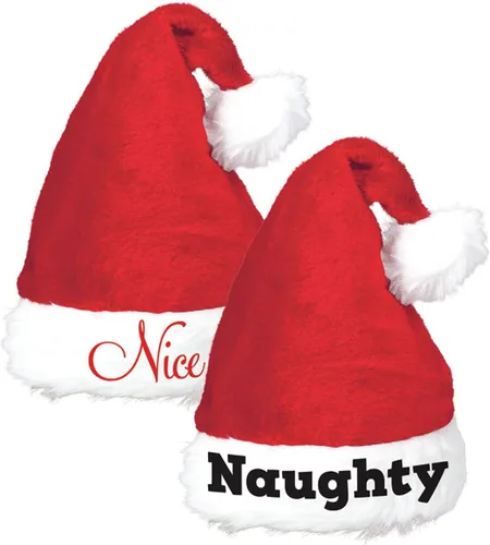 Amscan Red & White Naughty & Nice Plush Santa Hat Set - 15" x 11" - Festive & Comfortable, for Holiday Parties & Group Fun