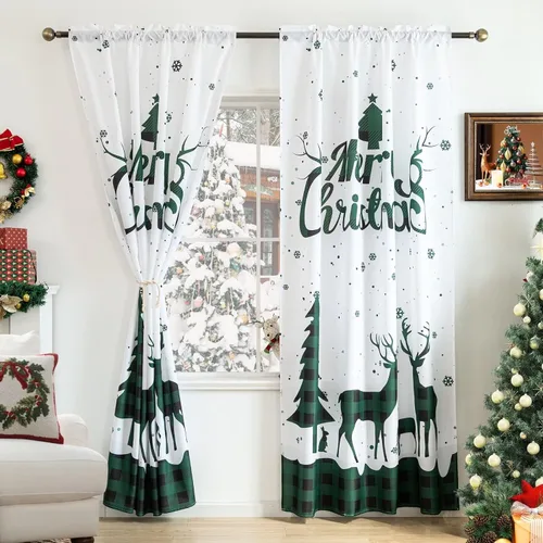 Miniatura 8 de Cortinas navideñas para sala de estar, cortina de ciervo de Navidad a rayas tartán, bolsillo para barra, cortinas decorativas para dormitorio