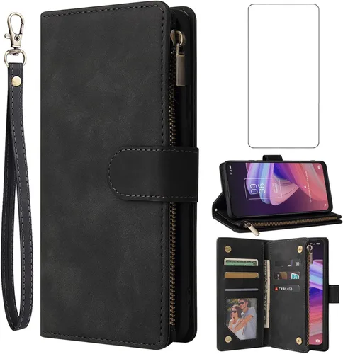 Asuwish Compatible con TCL 10 SE 6.52 - Funda tipo cartera y protector de pantalla de vidrio templado, funda de cuero con tapa para tarjetero,