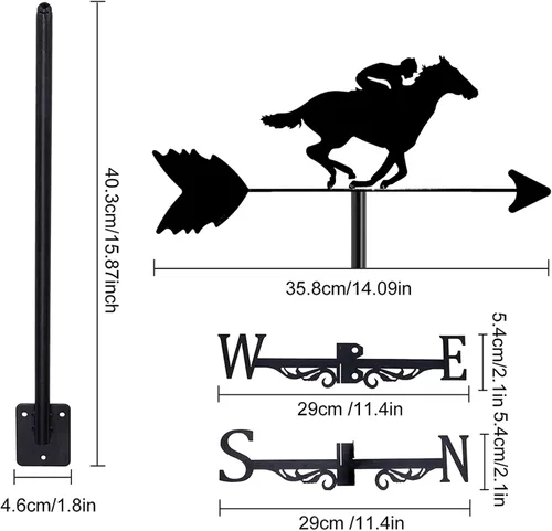 Miniatura 5 de Adorno de veleta negra con caballo Racer Rider, vaquero occidental y techo cruzado, indicador de dirección del viento para patio al aire libre