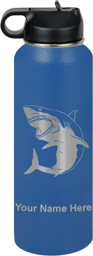 Miniatura 24 de LaserGram Botella de agua personalizada, gran tiburón blanco, acero inoxidable de doble pared aislada al vacío con popote superior, regalo grabado