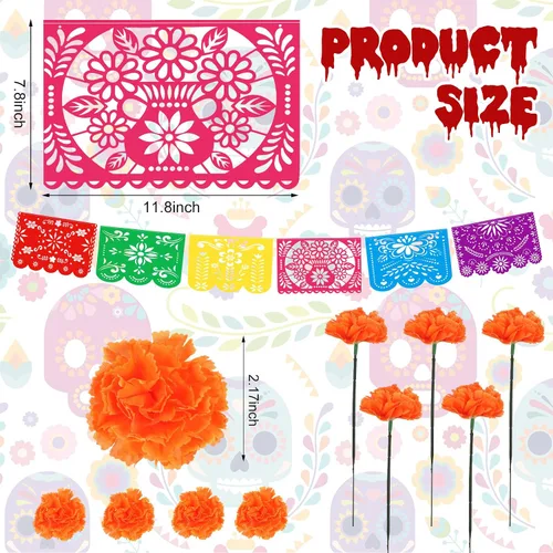 Miniatura 2 de Cartel de fiesta mexicana de Halloween, 124 unidades, papel picado, Día de los Muertos, banderines de fiesta, Día de los Muertos, flores muertas