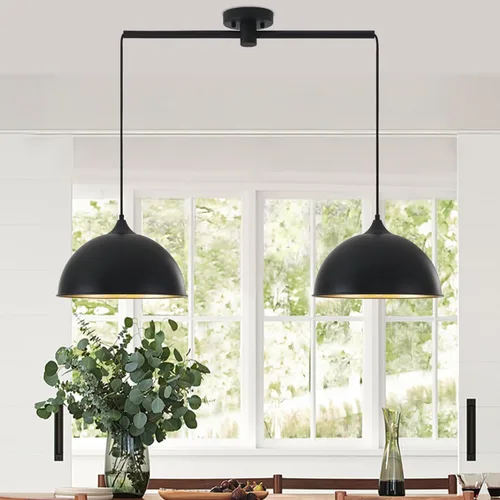 Luces Colgantes para Isla de Cocina, Paquete de 2 Lámparas Colgantes de Cúpula Negras y Doradas, Accesorios de Iluminación Industrial Vintage, Negro