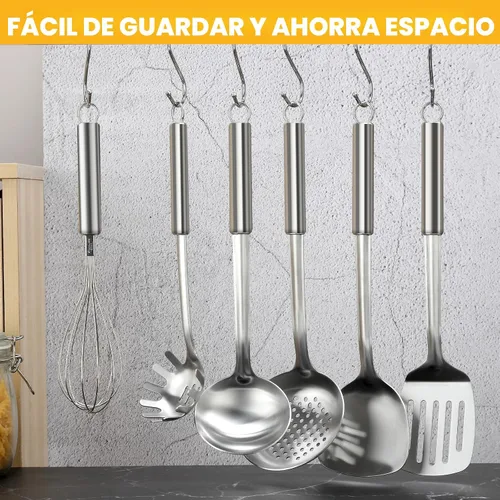 Miniatura 7 de Juego de 6 piezas de utensilios de cocina de acero inoxidable, utensilios de cocina con mango suspendido, espátula, espumadera, cucharón, cuchara